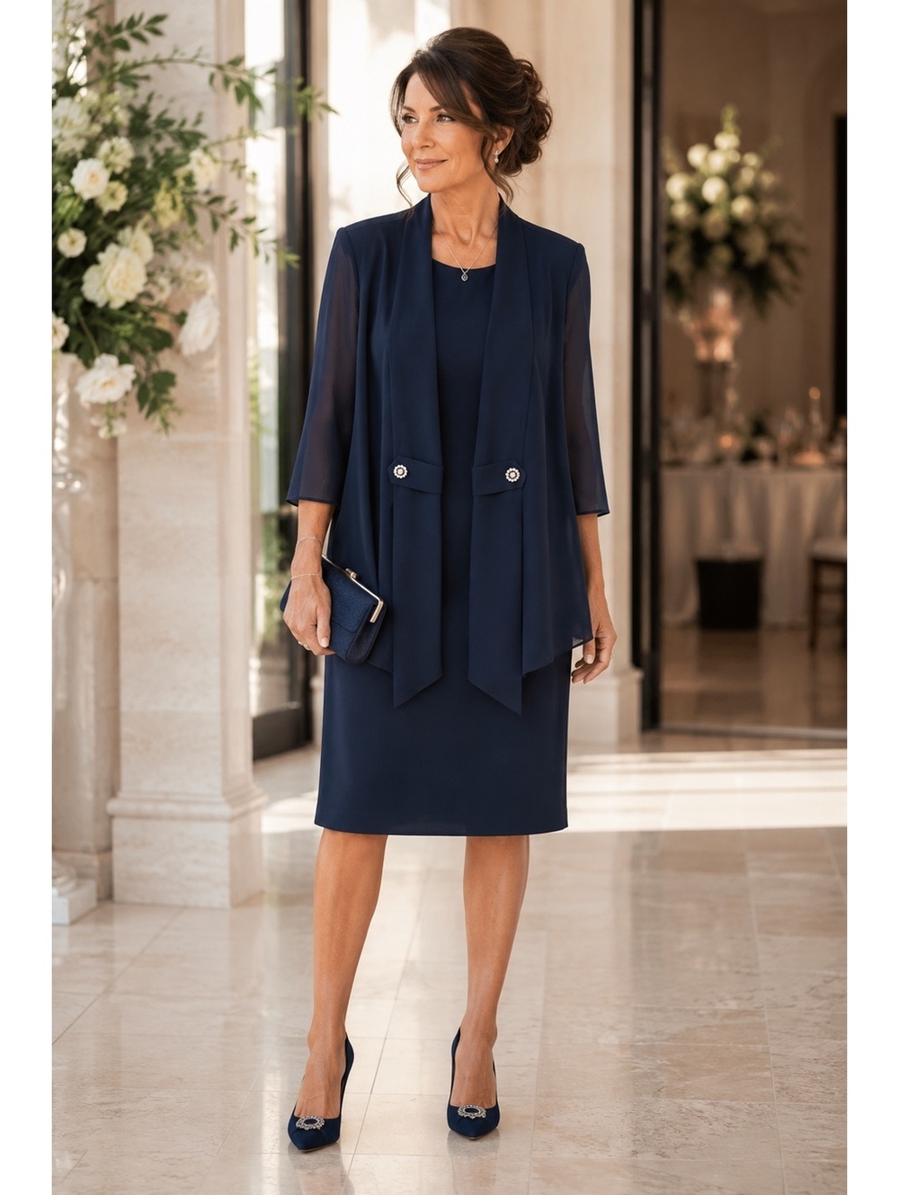 Vtg Navy Blue Chiffon Jacket Dress Set Mother of the Bride Formal Made Canada 12